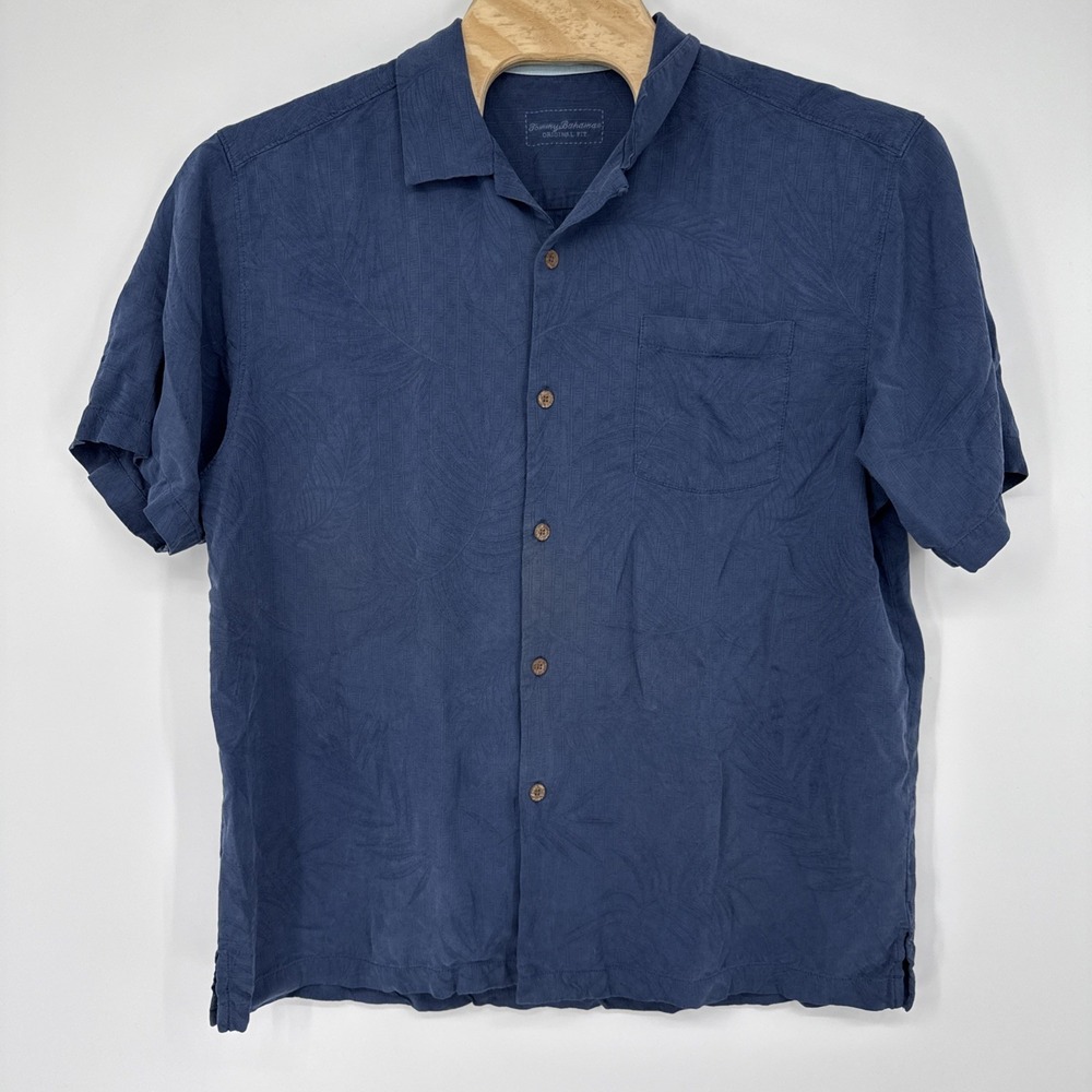 Tommy Bahama 100% Silk Camp Shirt Blue Tonal Palm Tree Jacquard Button Down XL
